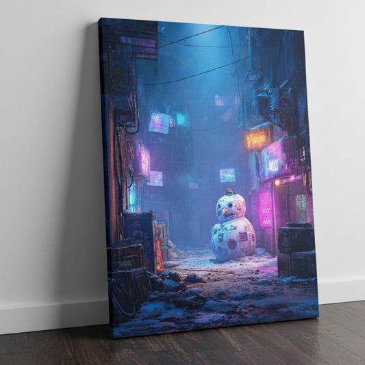 Futuristic snowman glowing under neon signs in dystopian city street, cyberpunk holiday wall art.