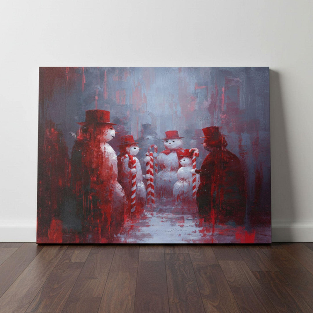 Surreal Christmas painting of snowmen in red hats holding candy canes, snowy gathering scene with bold red and gray tones.