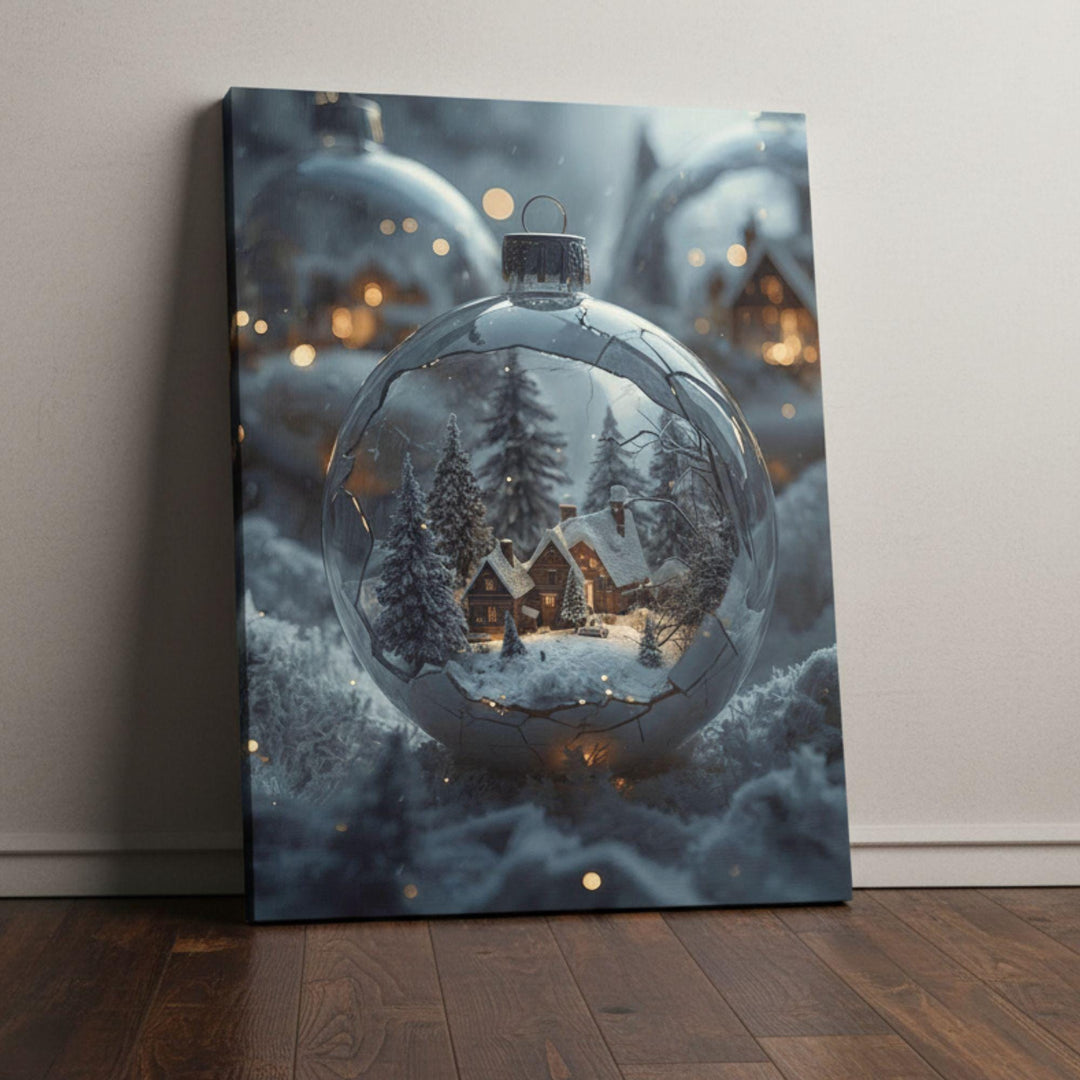 Surreal artwork of a snowy winter village inside a glowing glass ornament, Christmas fantasy wall art available as giclée poster or canvas