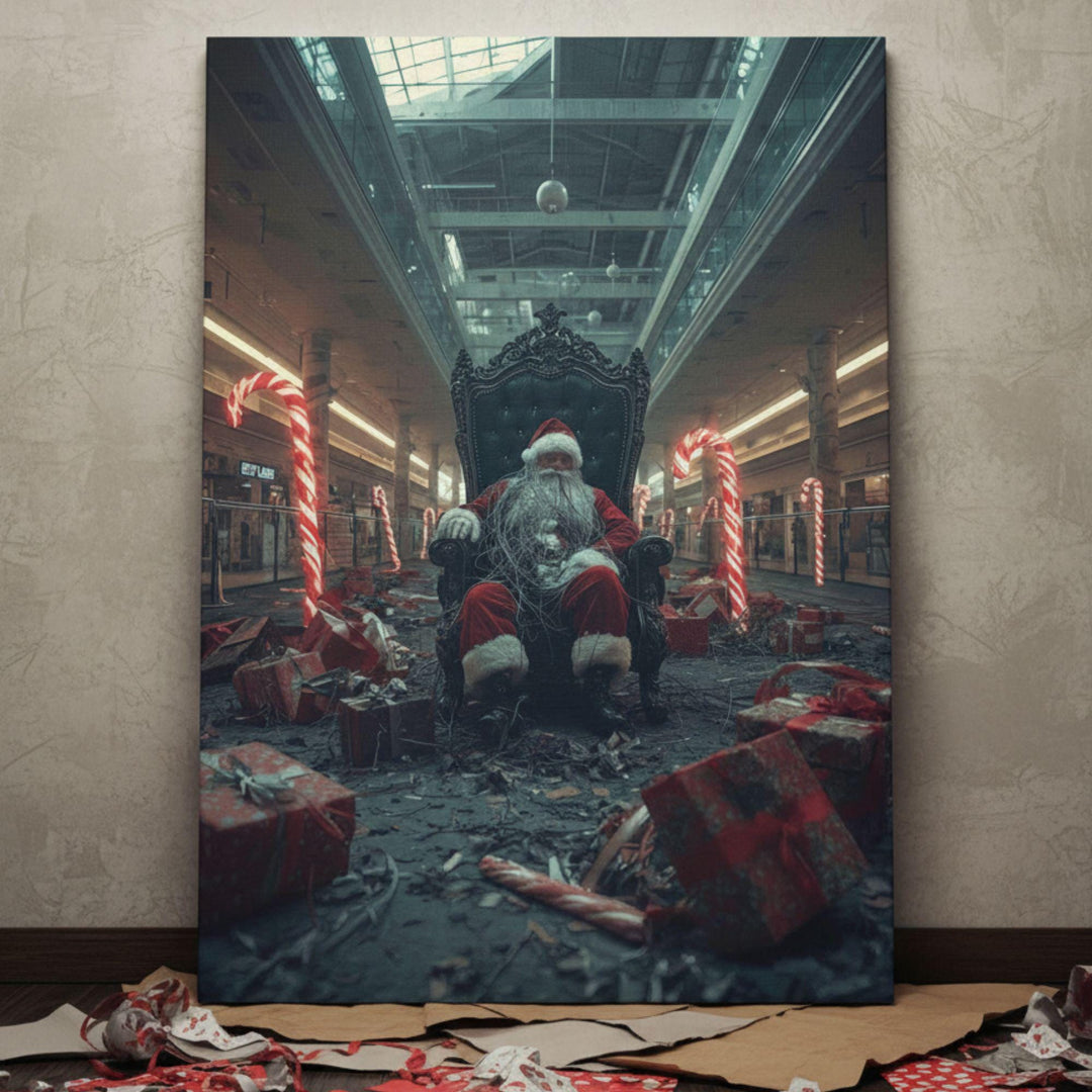 Dark surreal Santa wall art in abandoned mall with candy canes. Perfect for fans of weirdcore and liminal spaces.