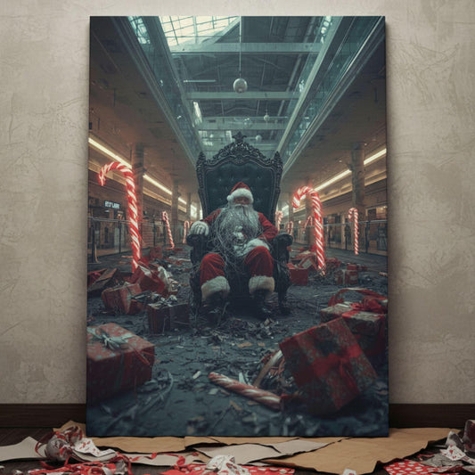 Dark surreal Santa wall art in abandoned mall with candy canes. Perfect for fans of weirdcore and liminal spaces.