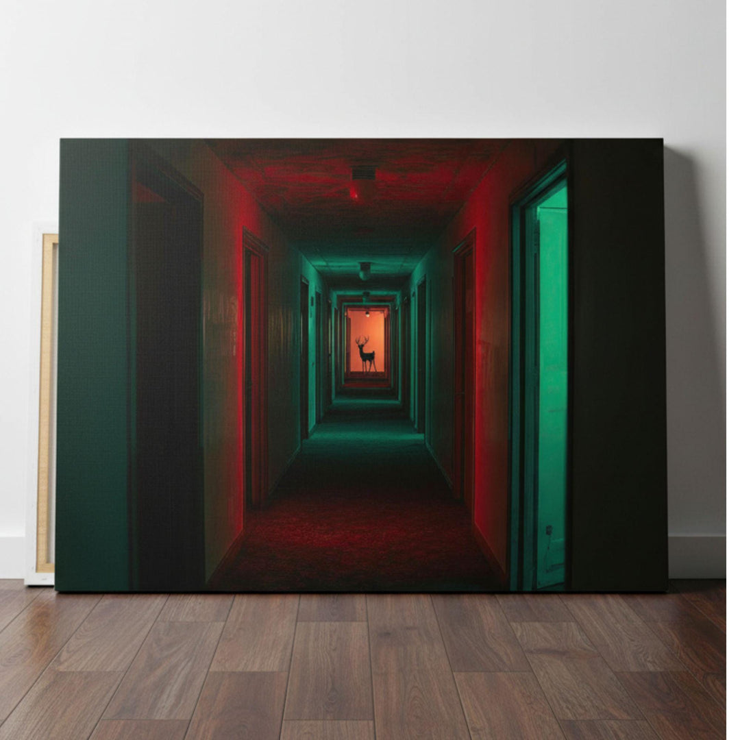 Surreal reindeer Christmas print of reindeer in liminal space hallway with red and green lighting.