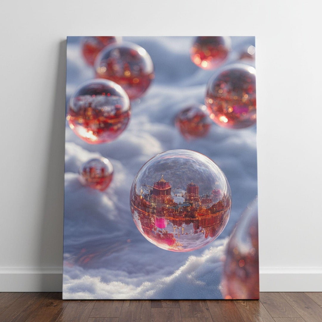 Surreal dreamcore city inside glowing orbs over snow. Weirdcore fantasy sci-fi canvas wall art for unique and imaginative decor.