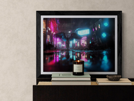 Cyberpunk angel poster in neon city rain—dark futuristic winged figure wall art for sci-fi, dreamcore, and weirdcore decor lovers.