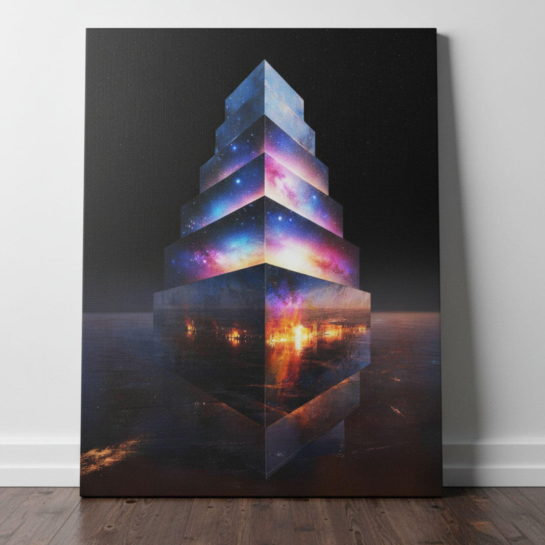Canvas artwork of surreal galaxy skyscraper glowing with cosmic light and city reflections.