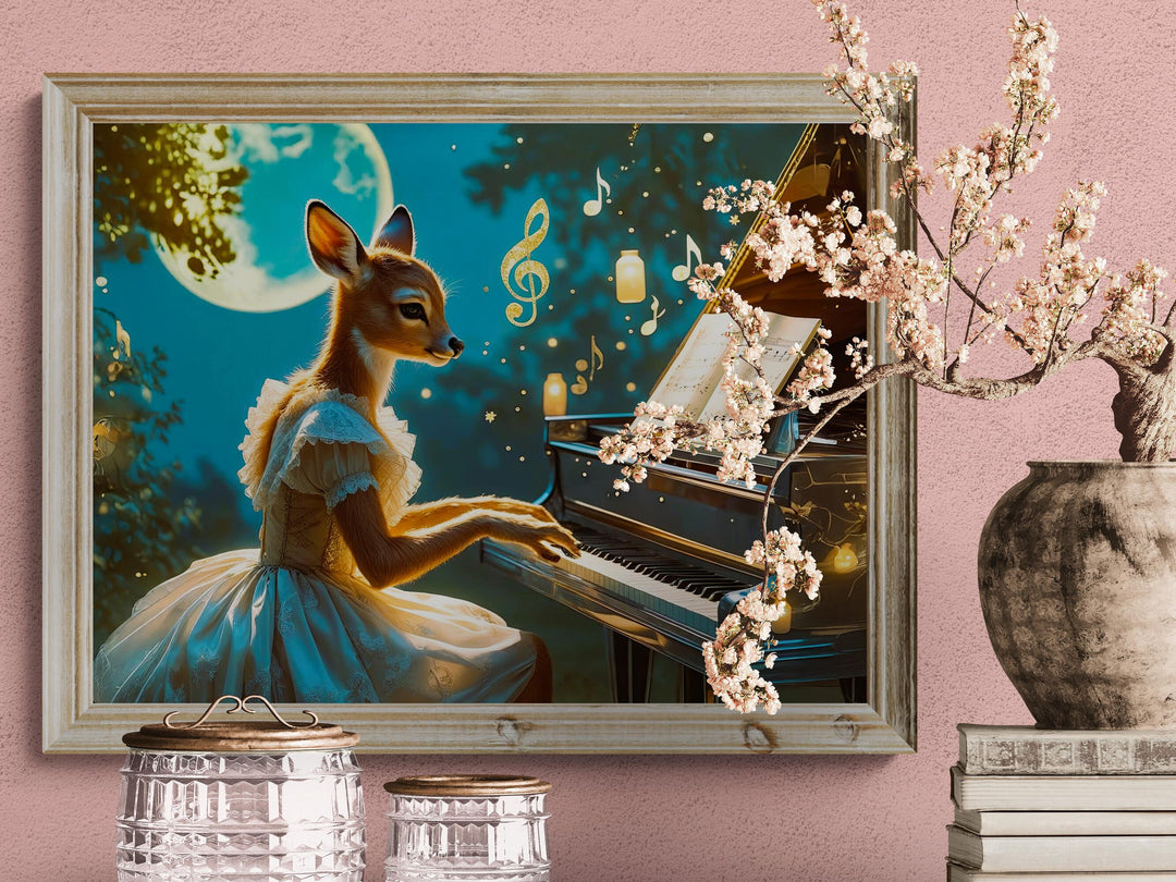 Whimsical deer pianist artwork glowing with moonlight and golden notes.