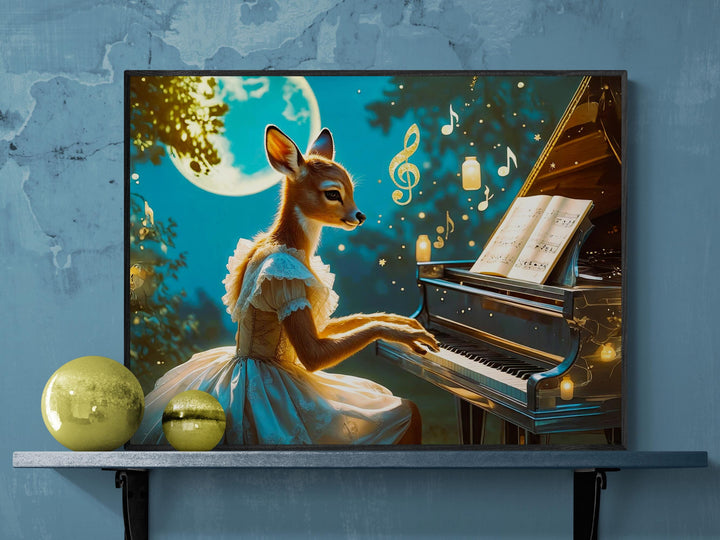 Surreal fantasy art print of an elegant deer playing a piano beneath a full moon, surrounded by floating candles and golden music notes — enchanting wall decor for dreamers and music lovers.