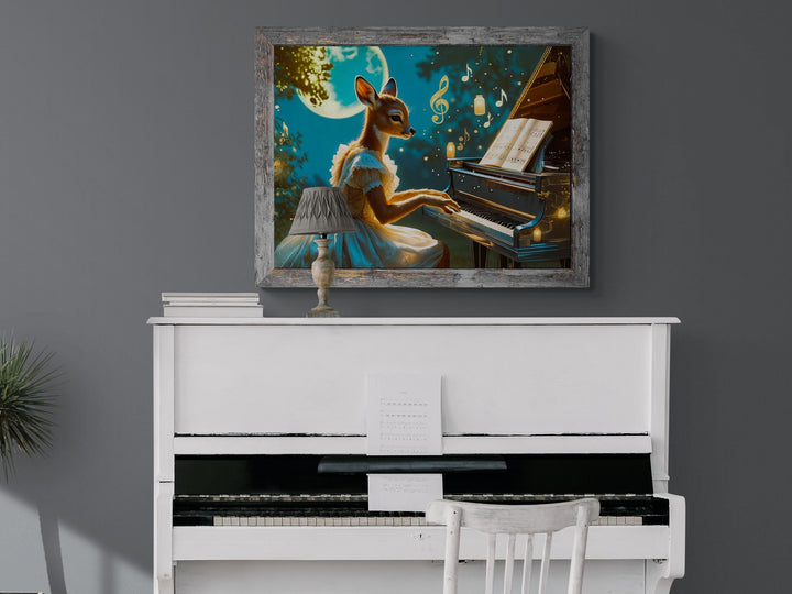 Surreal fantasy art print of an elegant deer playing a piano beneath a full moon, surrounded by floating candles and golden music notes — enchanting wall decor for dreamers and music lovers.