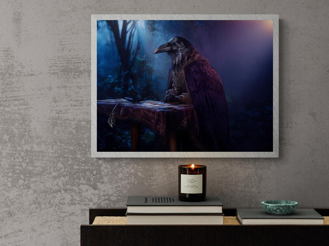 Raven in ornate cloak reading tarot cards at a table in moonlit forest, mystical dark fantasy poster wall art