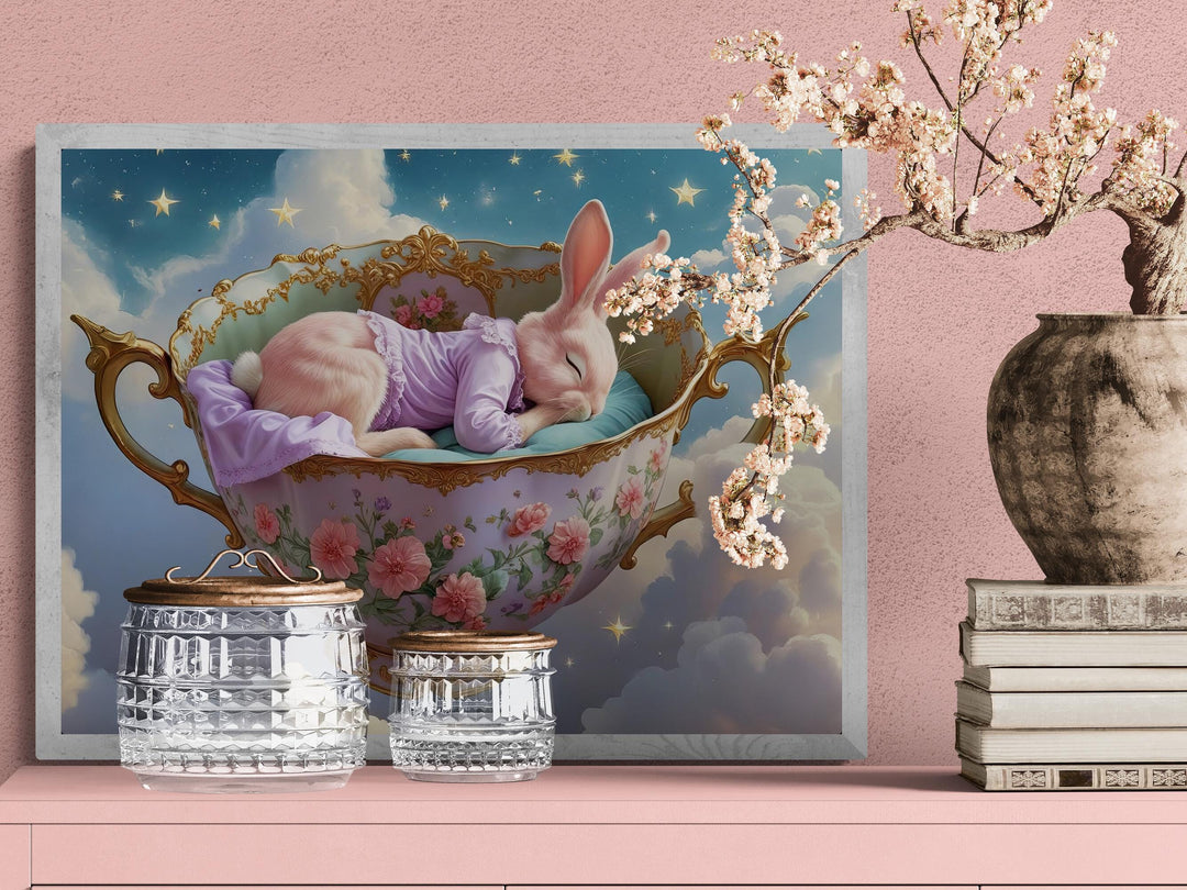 Whimsical art of pink bunny sleeping in a vintage teacup among clouds and stars.