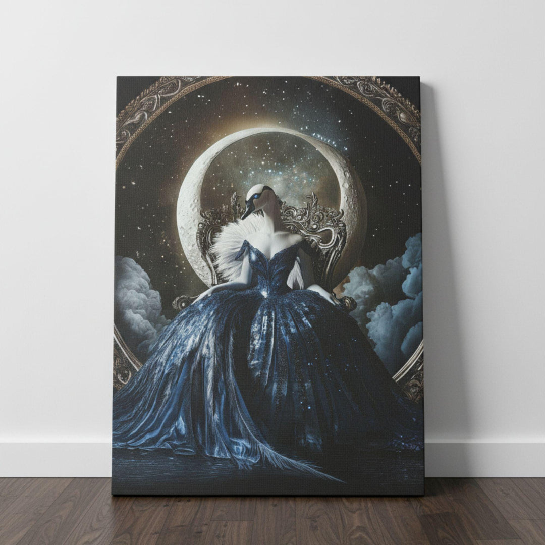 A majestic anthropomorphic swan queen sits gracefully on an ornate silver throne, dressed in a flowing midnight-blue gown adorned with feathered textures and starlit details. Behind her, a bright crescent moon arches across a cosmic sky filled with stars and swirling clouds, creating an ethereal and powerful moon goddess scene.