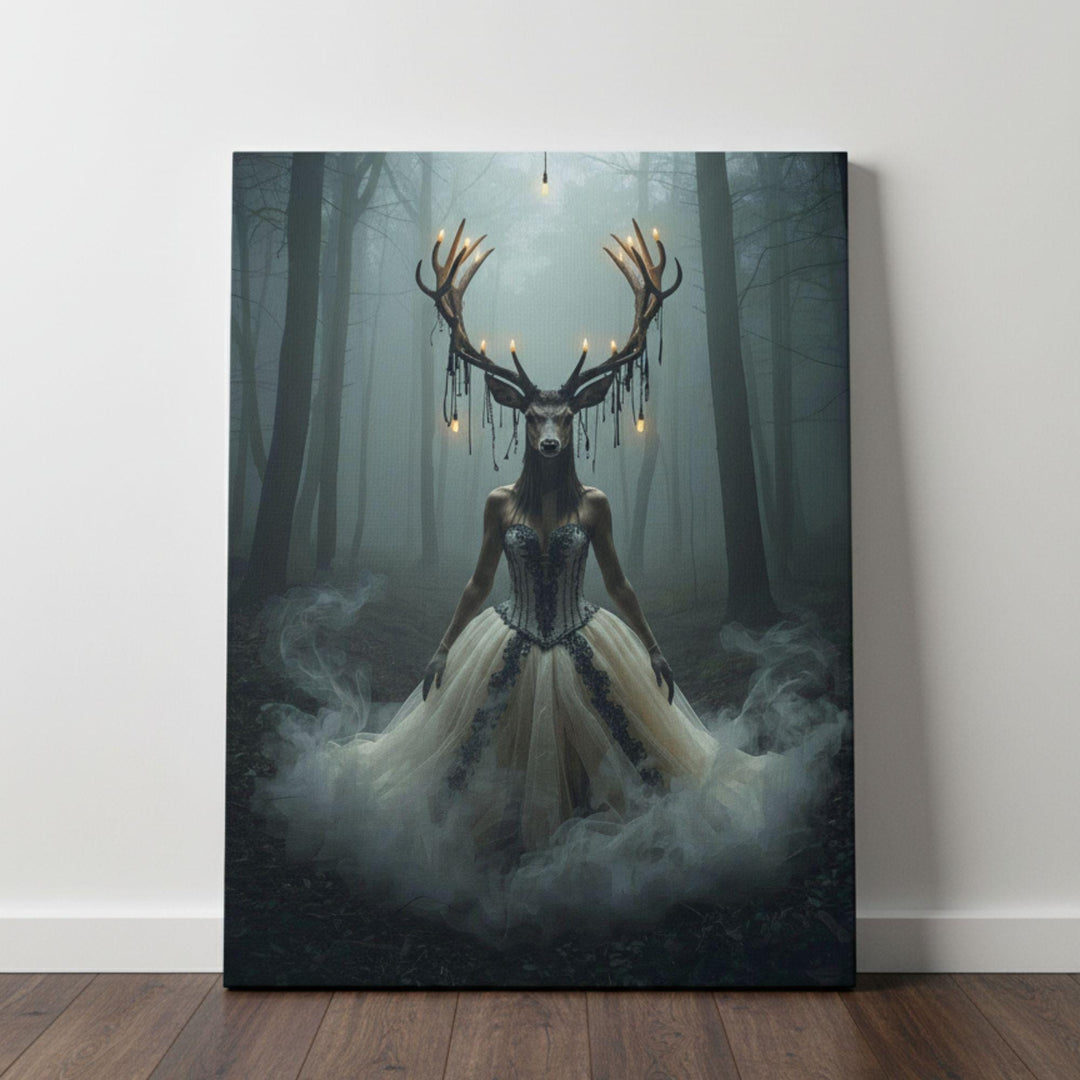 An anthropomorphic forest queen with the head of a stag and large antlers illuminated by hanging lights stands in a dark, fog-shrouded forest. She wears an ornate cream gown with dark lace details, and swirling mist gathers around her feet, creating a mysterious, cinematic, dark fantasy atmosphere.
