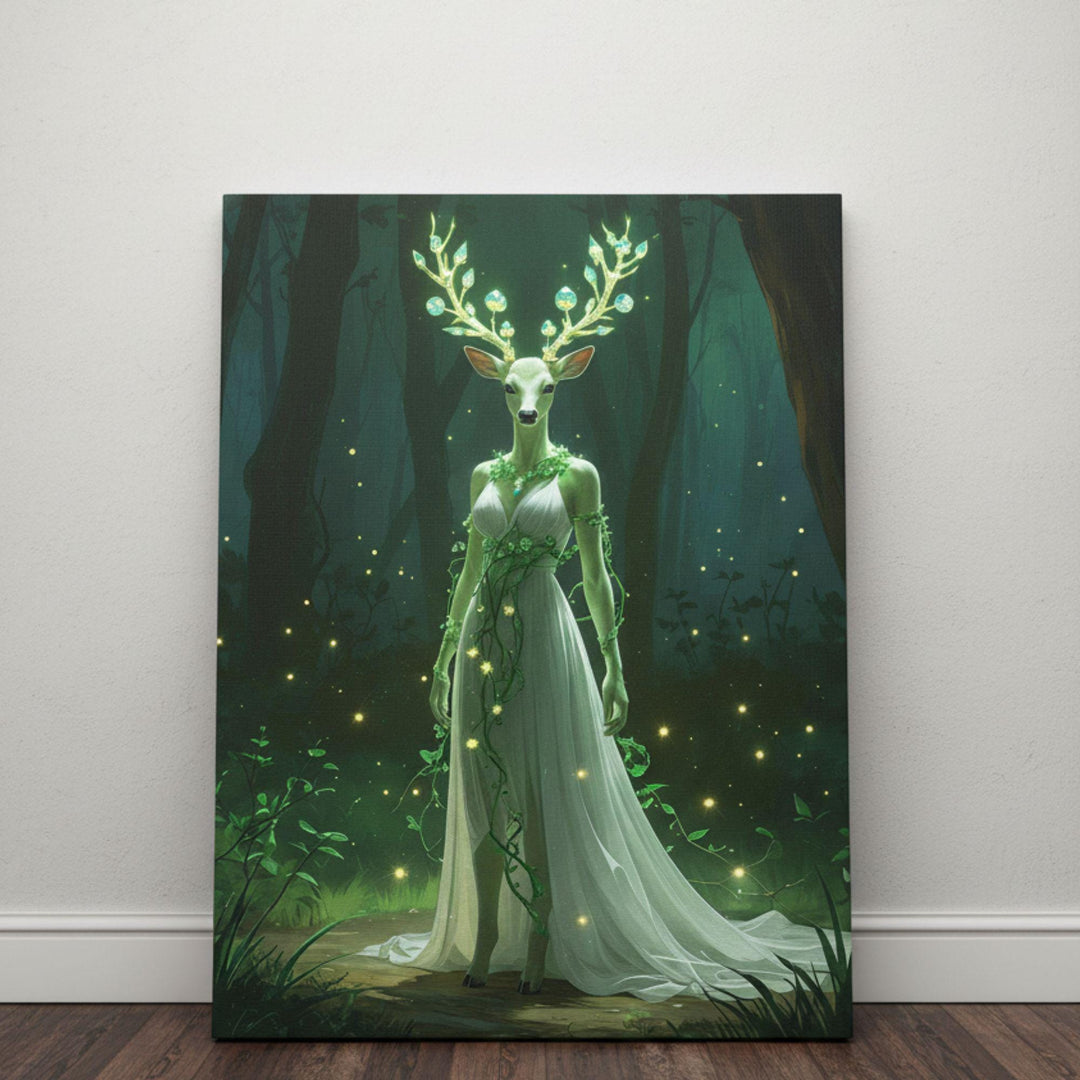 Mystical fantasy artwork of an emerald deer goddess glowing with forest light, draped in flowing white fabric and crowned with crystal antlers — an ethereal canvas print for fantasy and nature lovers.