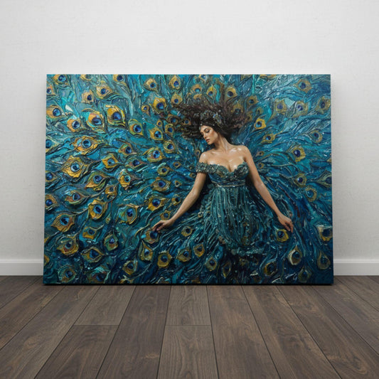 A reclining goddess in an elegant teal dress is surrounded by layered teal and gold peacock feathers. Her gown blends into the feathers, forming a surreal and richly textured scene that embodies fantasy goddess art and peacock wall art aesthetics.
