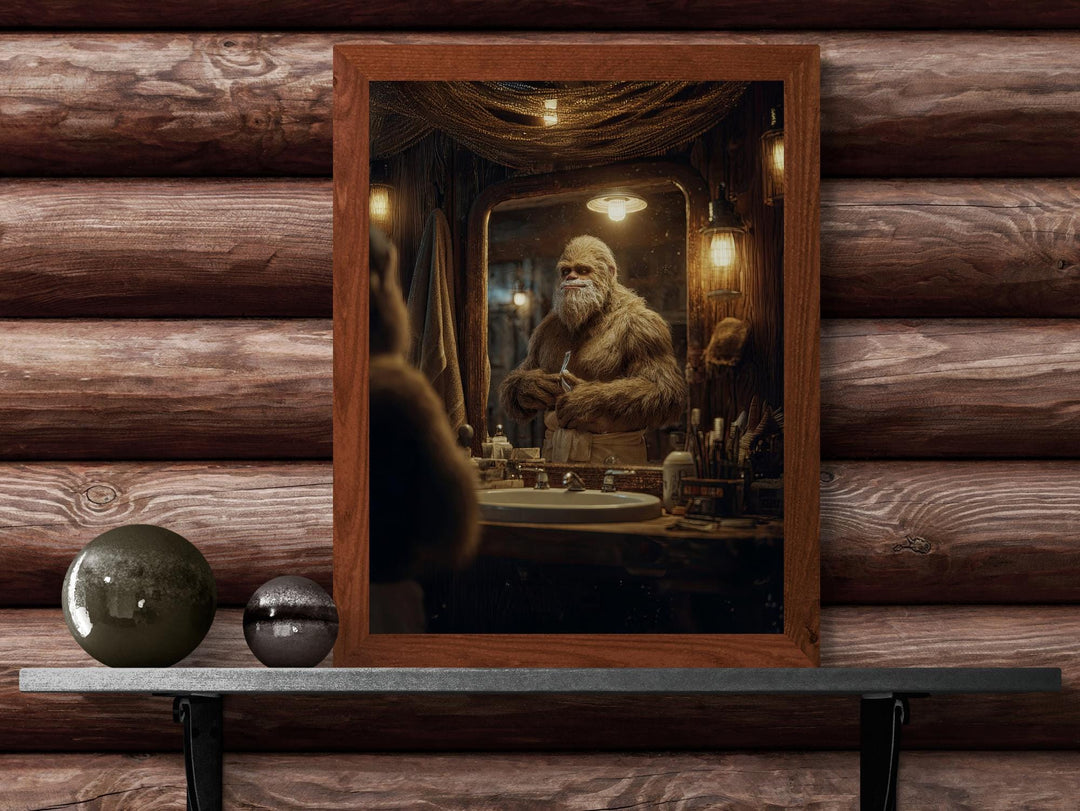A humorous scene of Sasquatch standing at a bathroom mirror, holding a razor in a warm, rustic cabin setting.