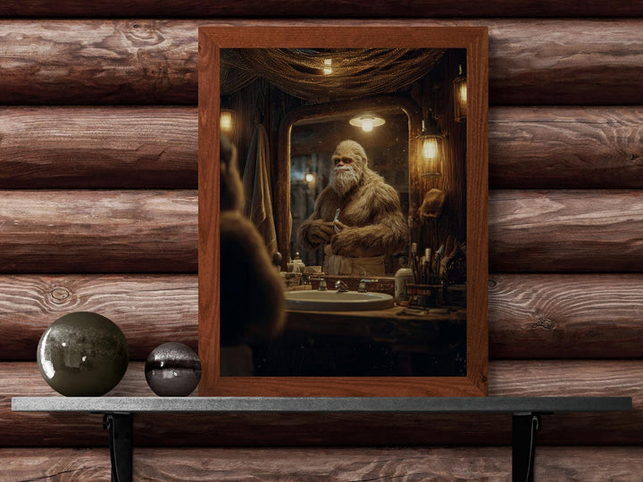 A humorous scene of Sasquatch standing at a bathroom mirror, holding a razor in a warm, rustic cabin setting.