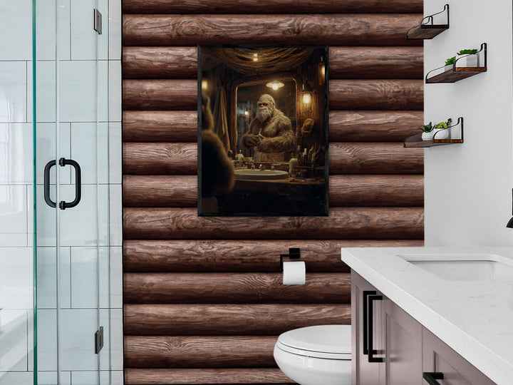 Funny artwork showing Sasquatch in a cozy wooden bathroom, grooming his beard at a mirror under warm lantern light. Bigfoot holds a razor while surrounded by toiletries, creating humorous and whimsical bathroom décor.