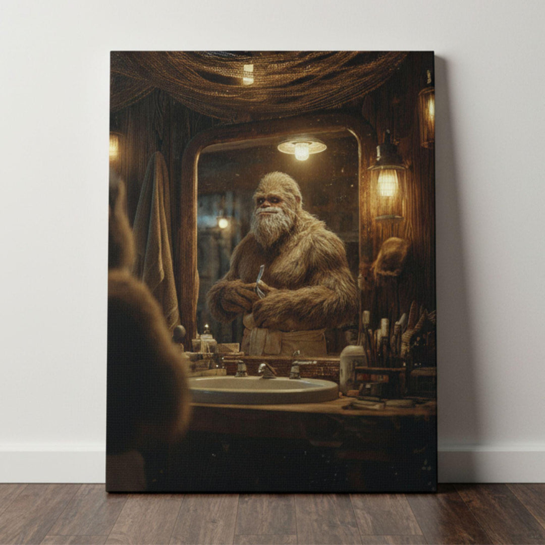 Funny artwork showing Sasquatch in a cozy wooden bathroom, grooming his beard at a mirror under warm lantern light. Bigfoot holds a razor while surrounded by toiletries, creating humorous and whimsical bathroom décor.