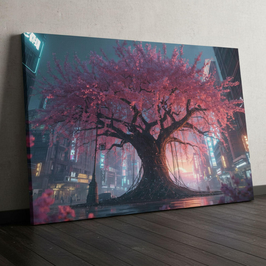 A massive cherry blossom tree with glowing pink leaves and dark twisting roots sits in the middle of a futuristic cyberpunk cityscape, surrounded by neon signs, mist, reflections, and towering buildings.