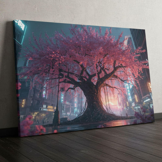 A massive cherry blossom tree with glowing pink leaves and dark twisting roots sits in the middle of a futuristic cyberpunk cityscape, surrounded by neon signs, mist, reflections, and towering buildings.