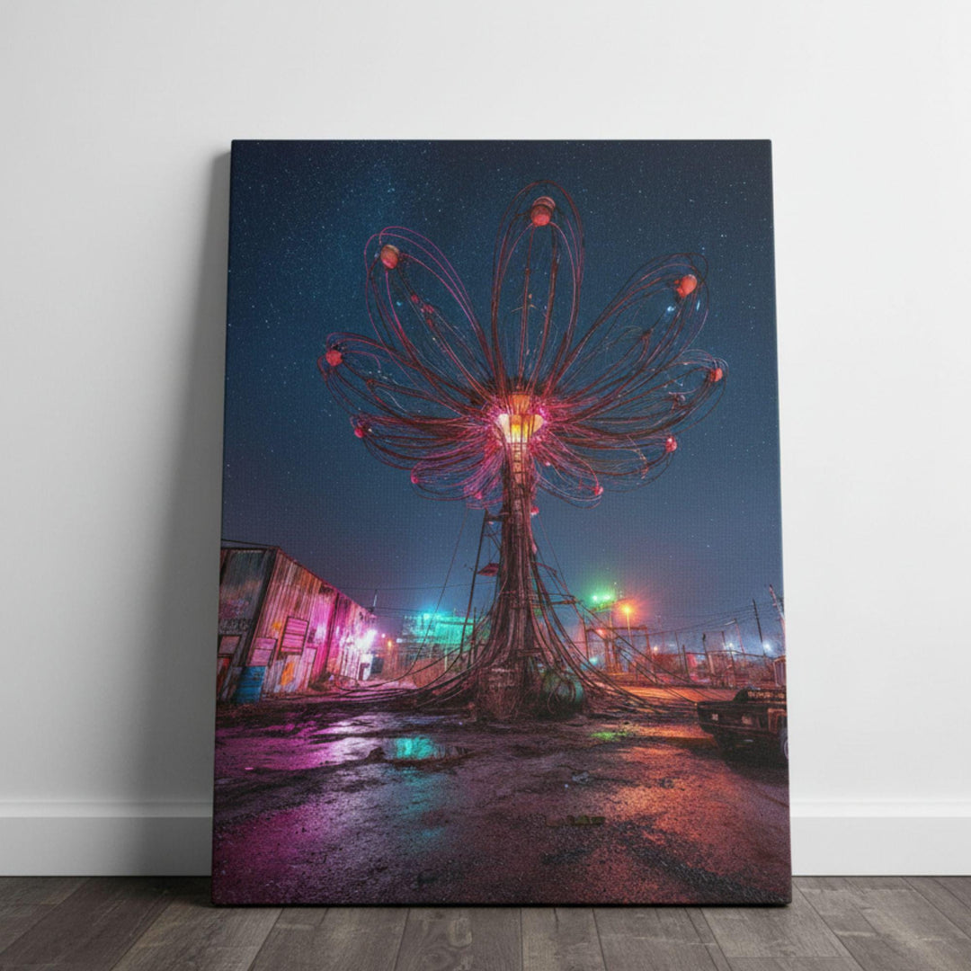 A towering flower-shaped structure made of cables, wires, and neon lights glows in vivid pink and teal hues in an industrial lot at night, with starry skies and colorful reflections across wet pavement.