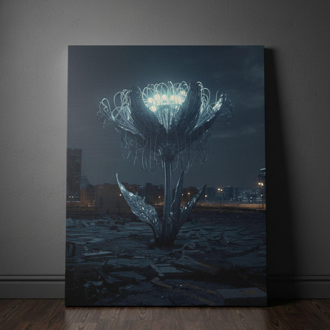 A large biomechanical metal flower with glowing white lights rises from cracked concrete in a desolate, post-apocalyptic environment, surrounded by distant city lights under the night sky.