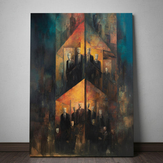 Dark surreal canvas of faceless men in suits with masks standing in glowing geometric reflections in glass skyscraper.