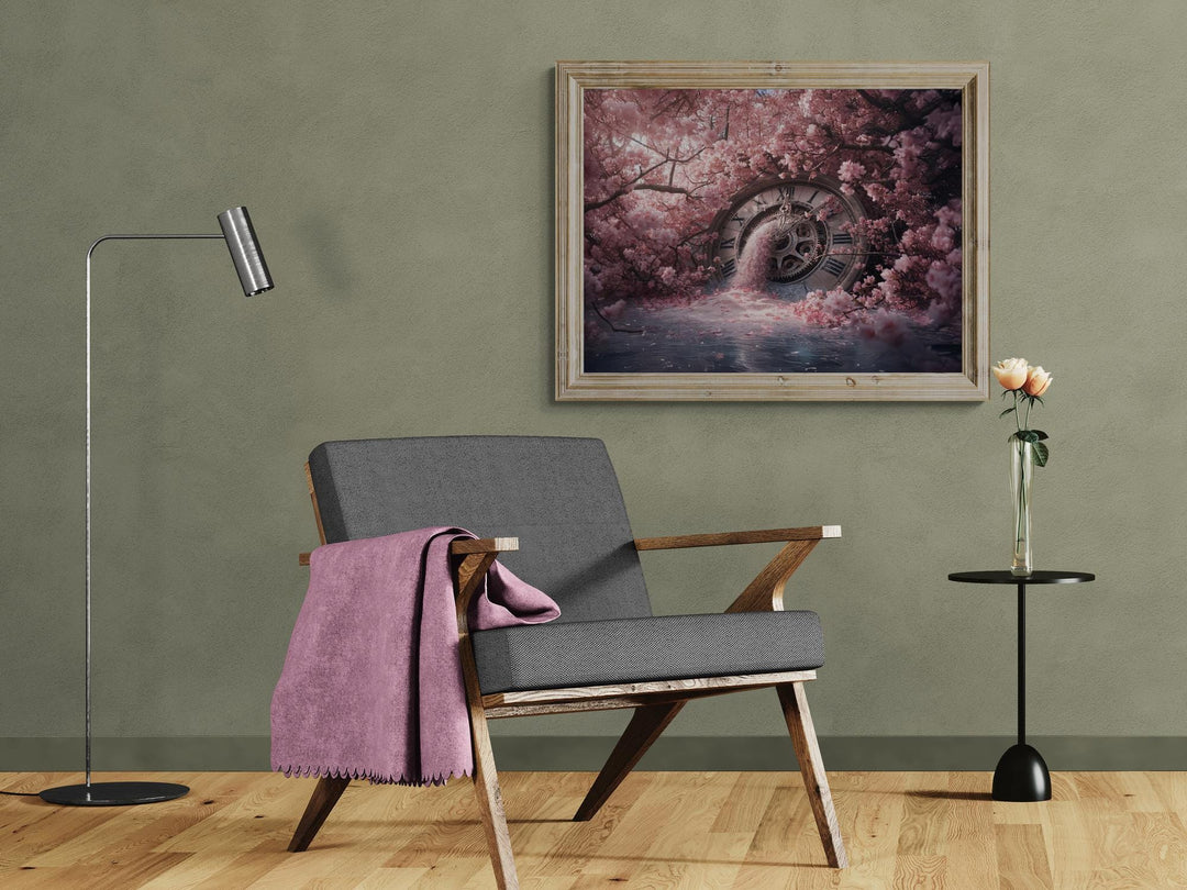 Dreamlike digital artwork depicting a vintage clock melting into cherry blossoms, blending time and nature in soft pink tones — perfect for fantasy, dreamcore, or ethereal home décor.
