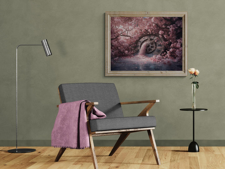 Dreamlike digital artwork depicting a vintage clock melting into cherry blossoms, blending time and nature in soft pink tones — perfect for fantasy, dreamcore, or ethereal home décor.