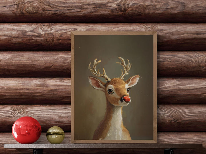Whimsical digital illustration of a red-nosed reindeer with metallic golden antlers, bathed in warm winter light — perfect for cozy Christmas décor or fantasy wall art collections.