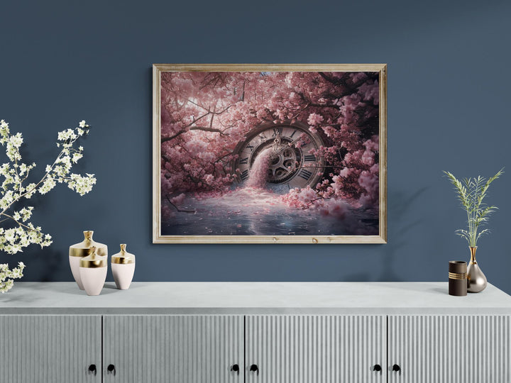 Dreamlike digital artwork depicting a vintage clock melting into cherry blossoms, blending time and nature in soft pink tones — perfect for fantasy, dreamcore, or ethereal home décor.