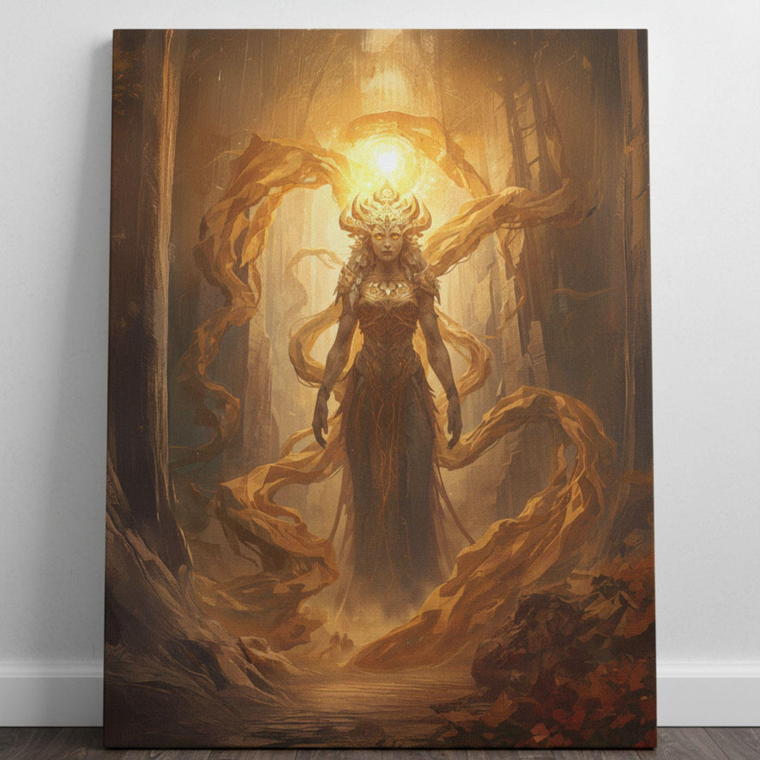 A towering celestial forest goddess stands in an ancient woodland, illuminated by a brilliant golden halo above her head. Flowing ribbons of glowing energy swirl around her as she emerges from the trees, wearing ornate golden armor. Warm, dramatic light fills the mystical environment.
