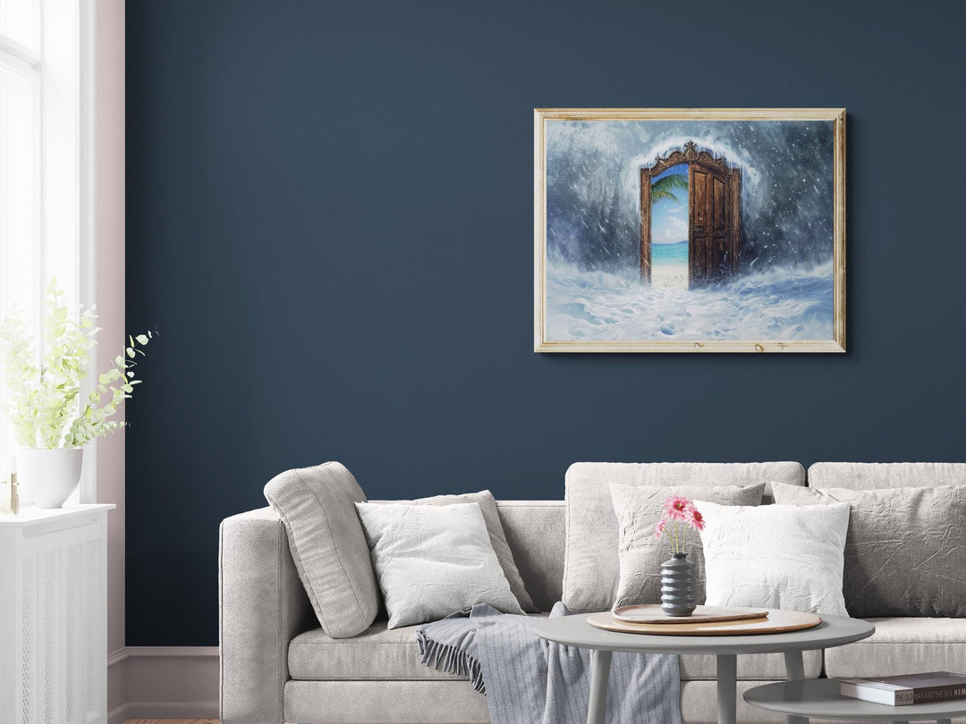 A surreal scene shows a heavy snowstorm surrounding an ornate wooden door. The door stands open, revealing a sunny tropical beach with bright blue ocean, white sand, and a palm tree. Snow swirls around the doorway while warm sunlight shines beyond it, creating a magical contrast.