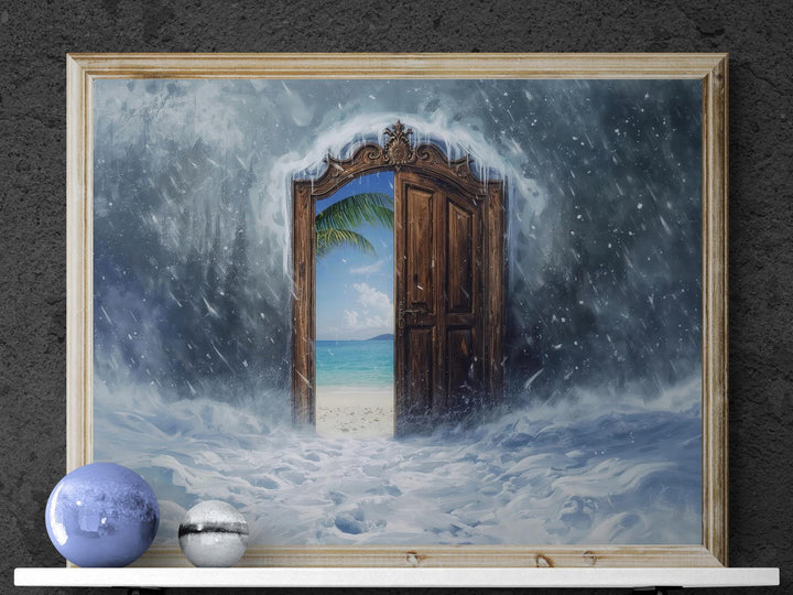 A surreal scene shows a heavy snowstorm surrounding an ornate wooden door. The door stands open, revealing a sunny tropical beach with bright blue ocean, white sand, and a palm tree. Snow swirls around the doorway while warm sunlight shines beyond it, creating a magical contrast.