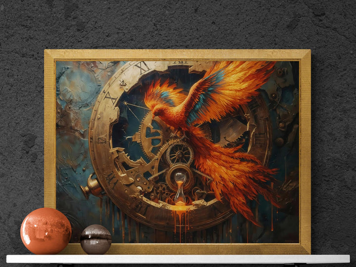 A dramatic fantasy artwork featuring a fiery phoenix emerging through a large antique clock. Golden gears spin behind the bird’s wings, and an hourglass drips molten sand. The vibrant orange feathers contrast with the mechanical clockwork and dark background, creating a bold steampunk-fantasy scene.