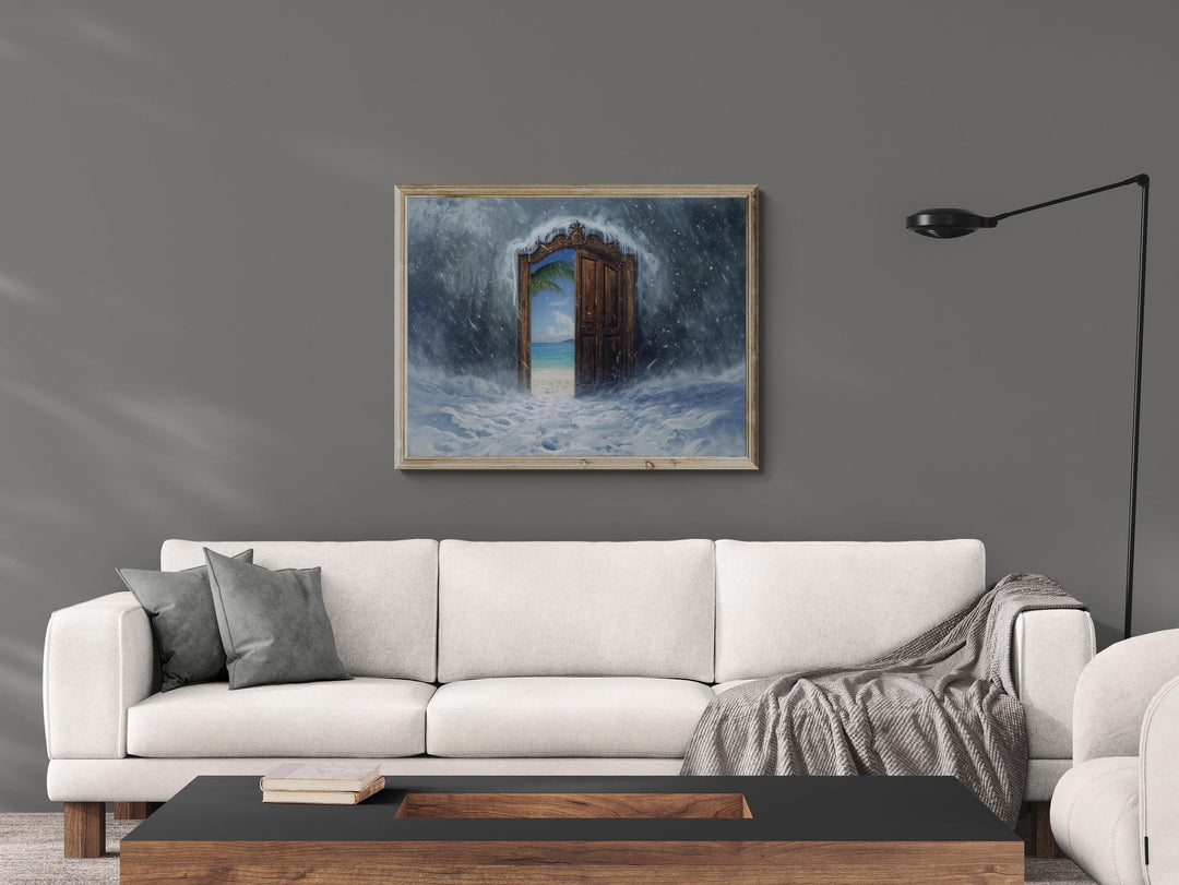 A surreal scene shows a heavy snowstorm surrounding an ornate wooden door. The door stands open, revealing a sunny tropical beach with bright blue ocean, white sand, and a palm tree. Snow swirls around the doorway while warm sunlight shines beyond it, creating a magical contrast.
