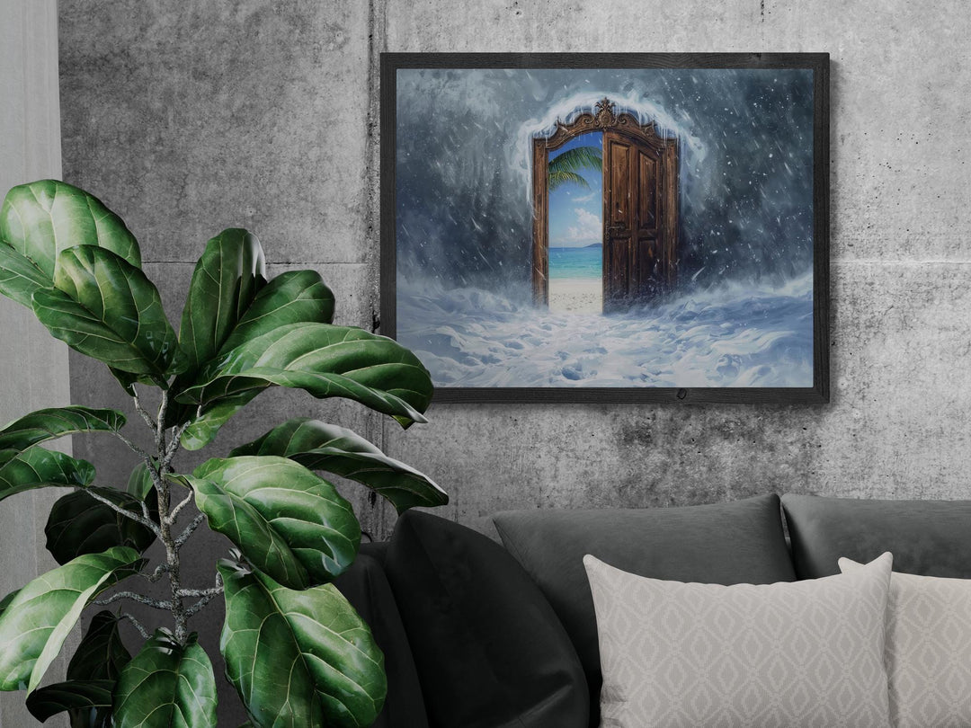 A surreal scene shows a heavy snowstorm surrounding an ornate wooden door. The door stands open, revealing a sunny tropical beach with bright blue ocean, white sand, and a palm tree. Snow swirls around the doorway while warm sunlight shines beyond it, creating a magical contrast.