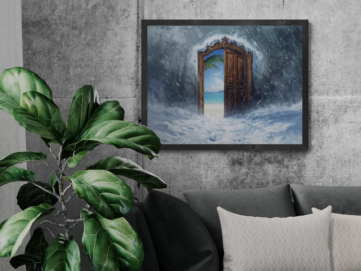 A surreal scene shows a heavy snowstorm surrounding an ornate wooden door. The door stands open, revealing a sunny tropical beach with bright blue ocean, white sand, and a palm tree. Snow swirls around the doorway while warm sunlight shines beyond it, creating a magical contrast.