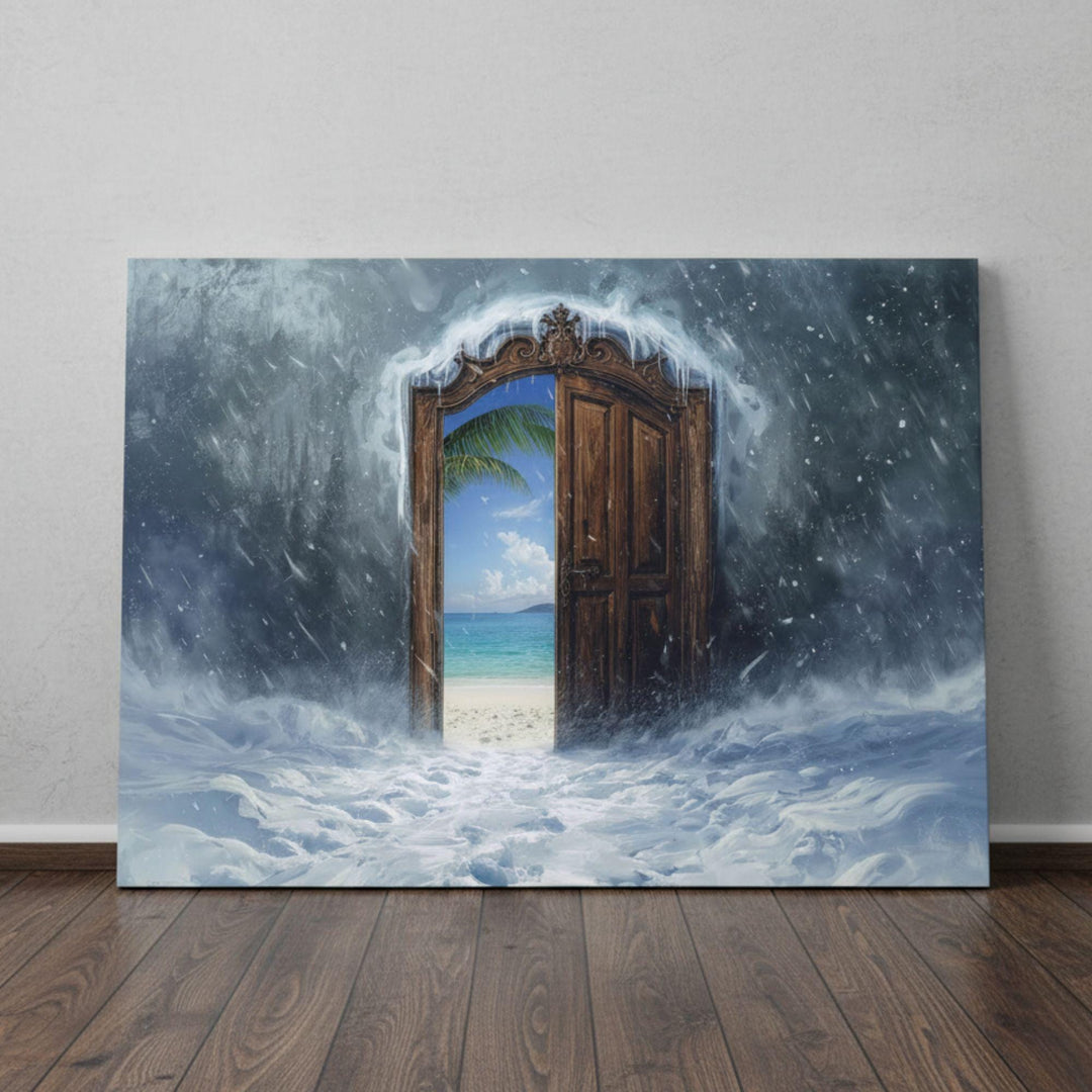 A surreal scene shows a heavy snowstorm surrounding an ornate wooden door. The door stands open, revealing a sunny tropical beach with bright blue ocean, white sand, and a palm tree. Snow swirls around the doorway while warm sunlight shines beyond it, creating a magical contrast.