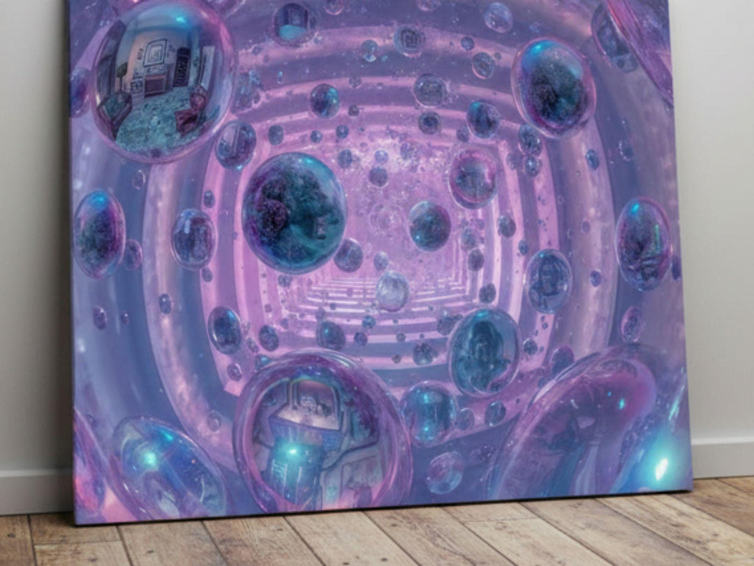 Fantasy artwork featuring floating iridescent bubbles containing surreal rooms and landscapes, creating the illusion of infinite dream dimensions.