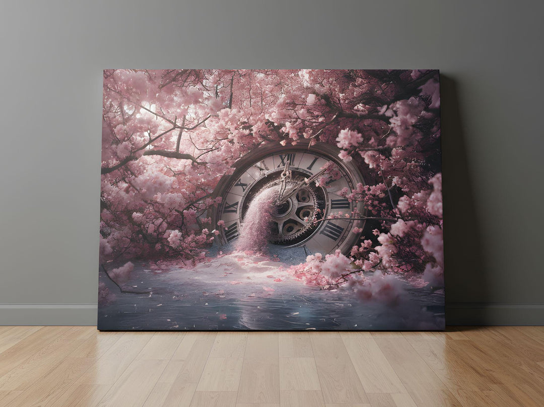 Dreamlike digital artwork depicting a vintage clock melting into cherry blossoms, blending time and nature in soft pink tones — perfect for fantasy, dreamcore, or ethereal home décor.