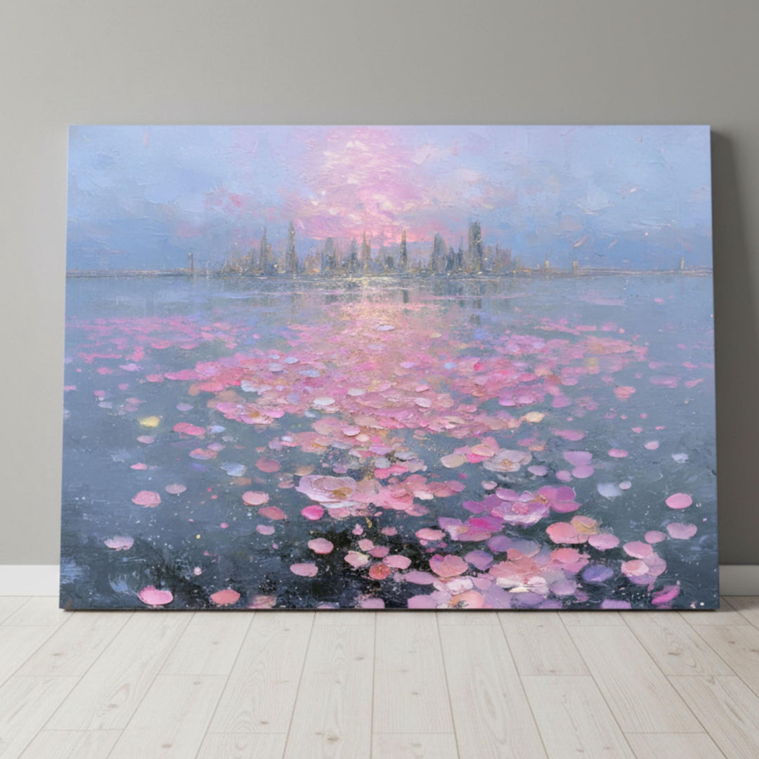 Ethereal pastel cityscape artwork featuring a luminous skyline reflected on tranquil waters filled with thousands of drifting pink petals — a serene and dreamlike fantasy wall art perfect for elegant home decor.