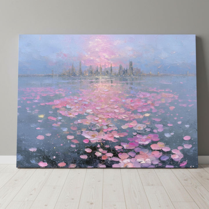 Ethereal pastel cityscape artwork featuring a luminous skyline reflected on tranquil waters filled with thousands of drifting pink petals — a serene and dreamlike fantasy wall art perfect for elegant home decor.