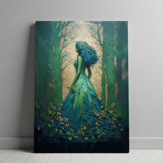 Fantasy portrait of an elegant forest goddess with flowing moss-green gown and flowered hair, blending into the woodland background — ethereal nature spirit wall art.