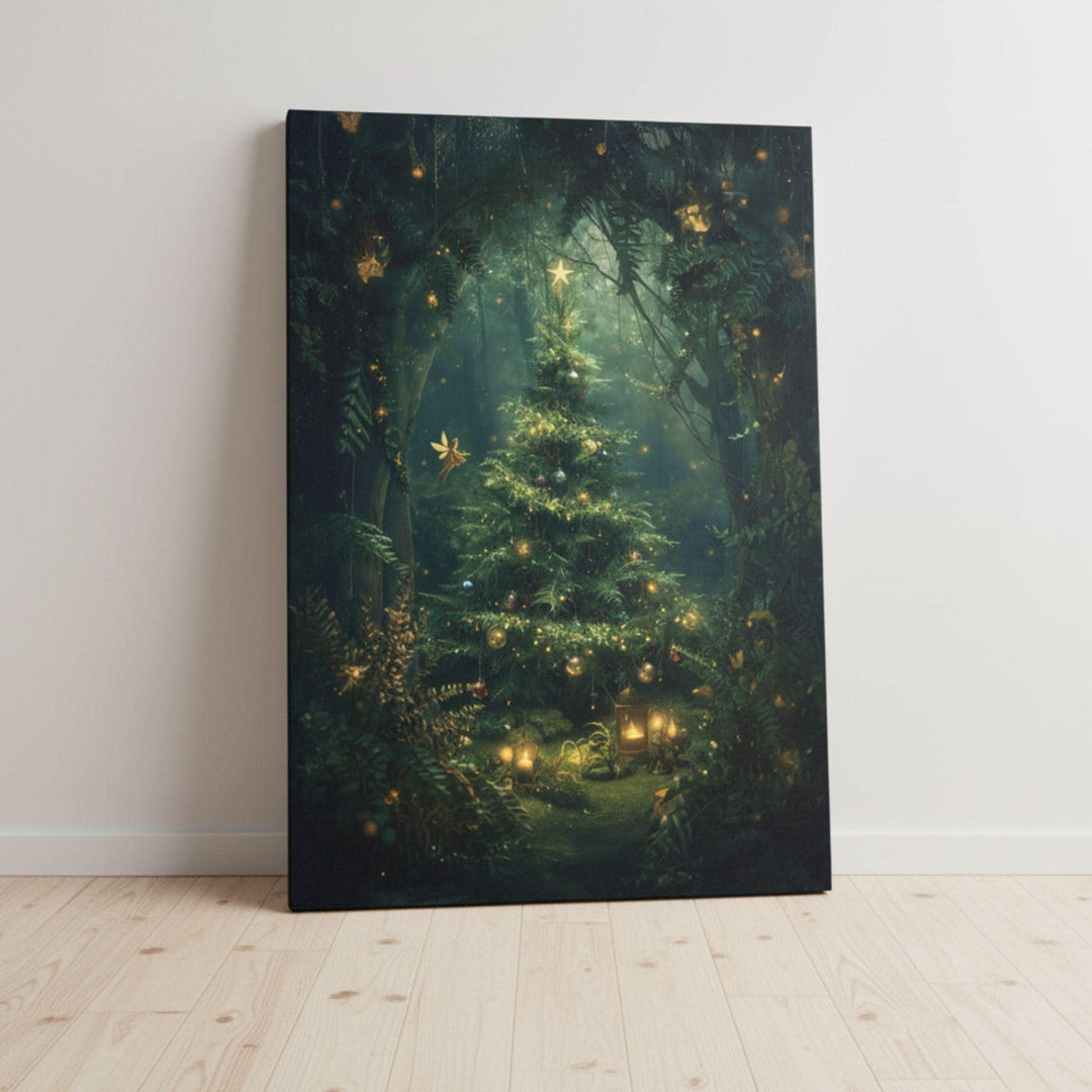 Whimsical fantasy holiday artwork depicting a glowing Christmas tree in an enchanted forest, surrounded by twinkling lights, golden ornaments, and tiny fairies — cozy and magical Christmas wall decor.