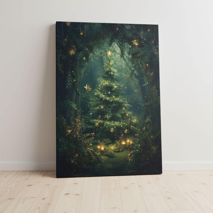 Whimsical fantasy holiday artwork depicting a glowing Christmas tree in an enchanted forest, surrounded by twinkling lights, golden ornaments, and tiny fairies — cozy and magical Christmas wall decor.