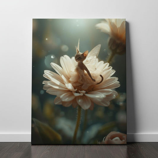 Fairy Cat canvas – whimsical feline with wings sitting on daisy flower under soft glow. Fantasy fairytale wall art for dreamy décor.