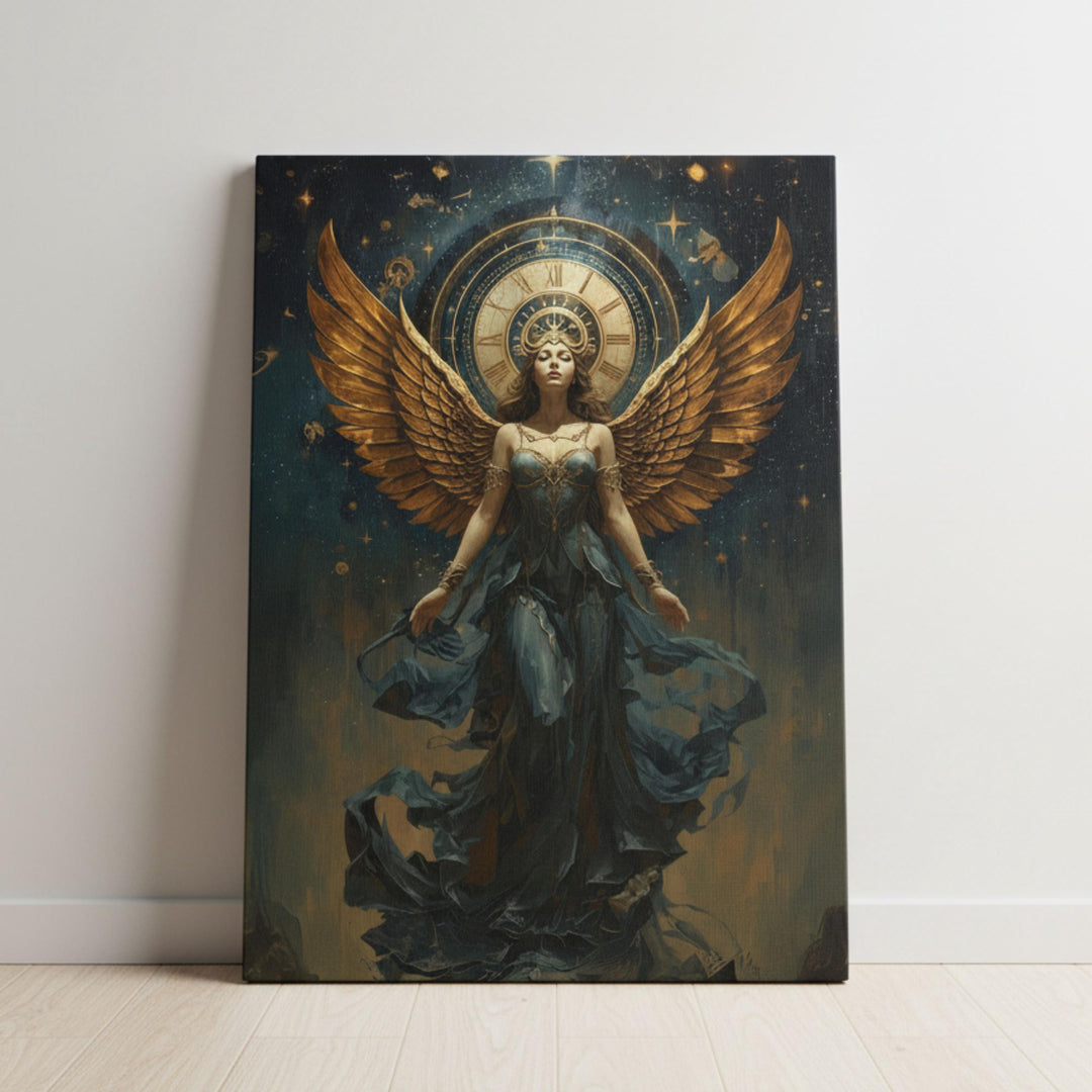 Elegant fantasy artwork of a celestial goddess with gold wings and cosmic clock backdrop.