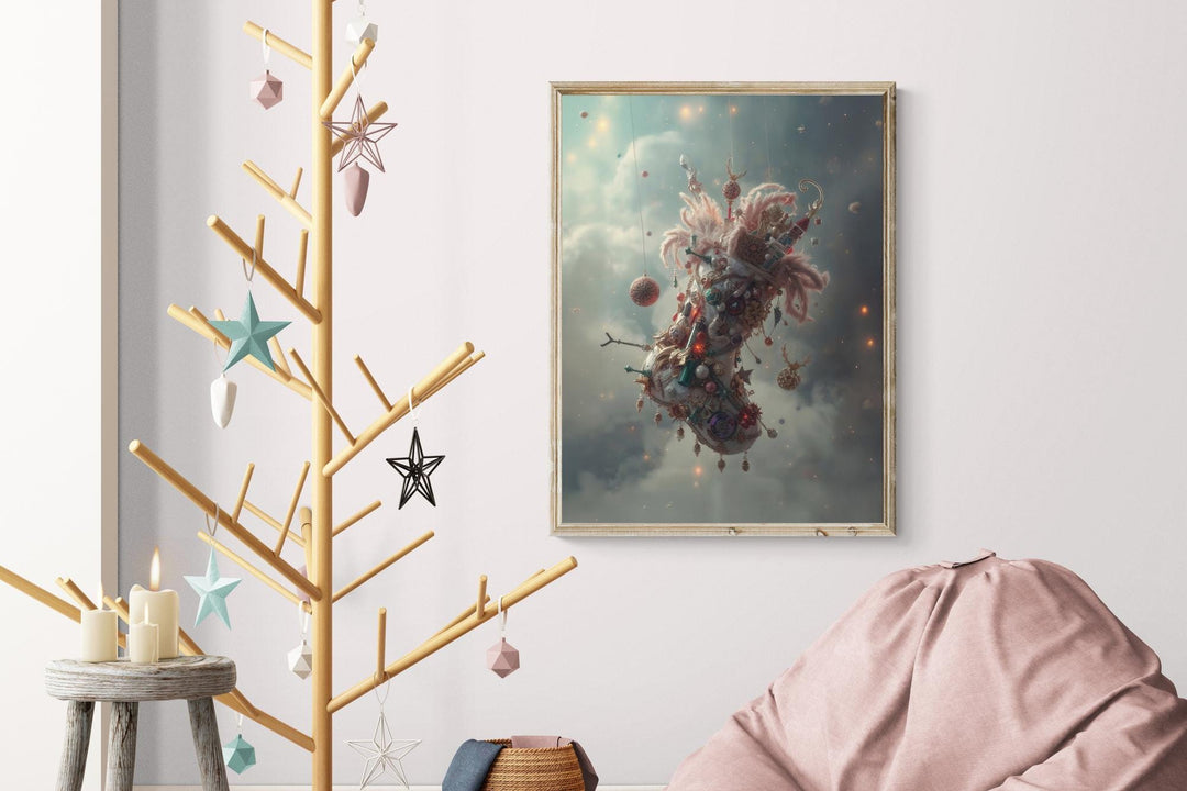 Ethereal fantasy wall art featuring a celestial Christmas stocking adorned with ornaments, feathers, and lights, suspended among misty clouds — a whimsical holiday décor piece perfect for winter art lovers.
