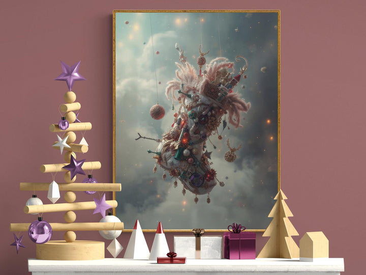 Ethereal fantasy wall art featuring a celestial Christmas stocking adorned with ornaments, feathers, and lights, suspended among misty clouds — a whimsical holiday décor piece perfect for winter art lovers.
